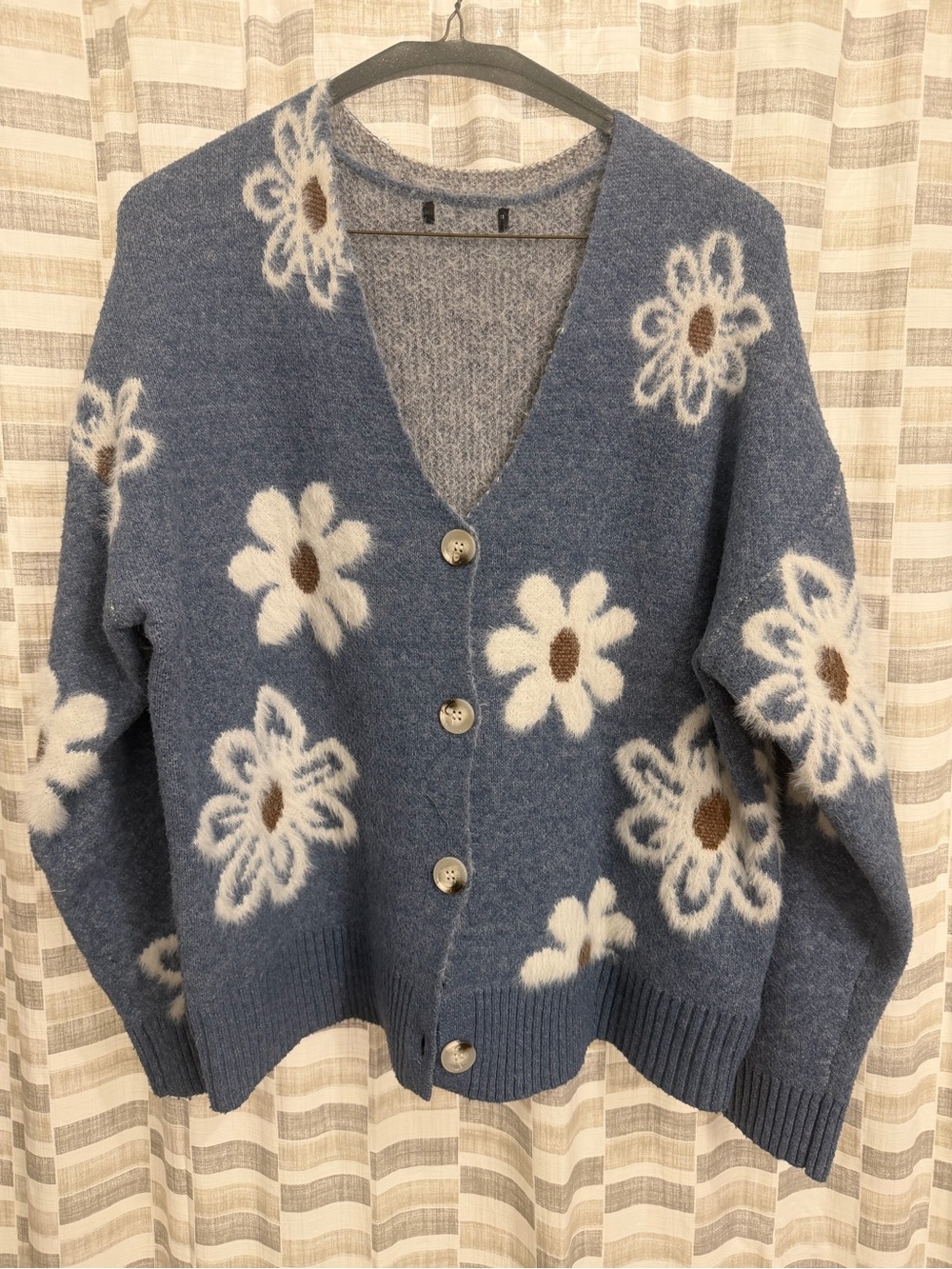 SHEIN Blue Daisy Floral V-Neck Button Front Cardigan Sweater